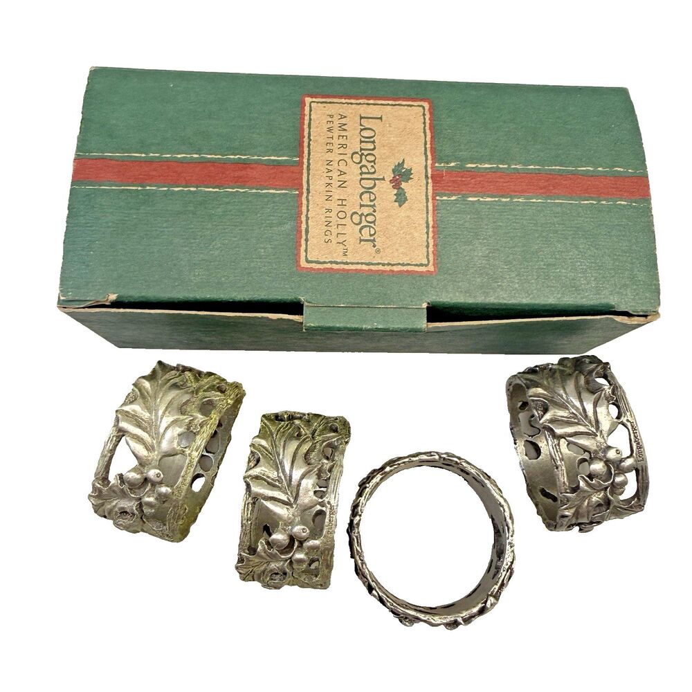 Longaberger 2001 American Holly Pewter Napkin Rings Set 4 Christmas NEW